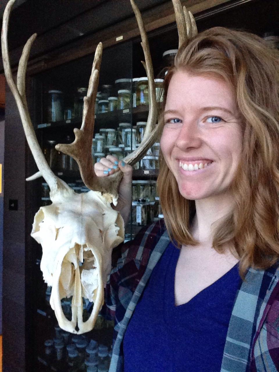 Me, a woman with red hair and blue eyes, excitedly holding a caribou skull in museum collections